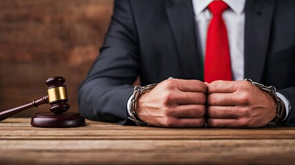 A businessman in a suit with handcuffs sits at a table, next to a gavel, symbolizing legal issues and justice.