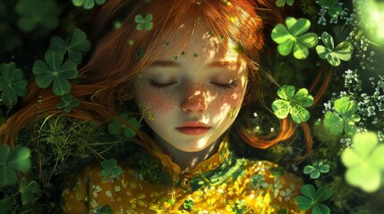 Red Haired Girl Sleeping Amidst Green Clover Leaves