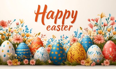 Colorful easter eggs with floral decoration and spring flowers wishing happy easter