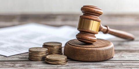 A wooden gavel rests on a circular base beside stacks of coins and papers, symbolizing law, justice, and financial matters.
