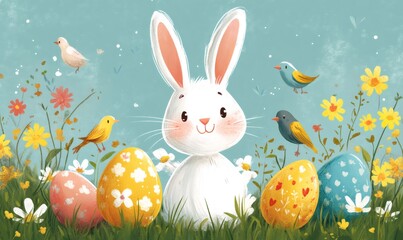 Obraz premium Adorable white easter bunny surrounded by colorful decorated eggs and cheerful birds in a vibrant spring meadow
