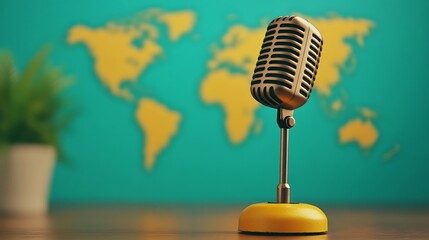 Vintage Microphone on World Map: A classic vintage microphone stands ready to capture voices, against the backdrop of a world map, suggesting global reach and communication. The microphone.