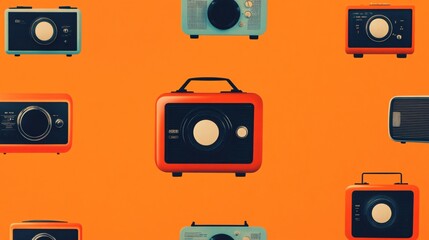Radio Wave Pattern: A vibrant and playful arrangement of vintage radios in various colors and sizes, displayed against a bold orange backdrop.