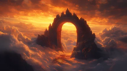 Fototapete Stone archway in the clouds digital painting, fantasy landscape, golden hour, cloudscape, arch, digital art fantasy architecture, digital painting. Heavenly Arch. Illustration © Thiago