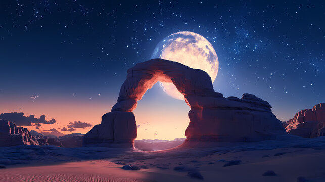 Stunning moonlit arch in desert landscape with majestic celestial backdrop and starry night sky. Heavenly Arch. Illustration