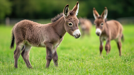 herd of baby donkeys playing together in open grassy field, showcasing their playful nature and innocence