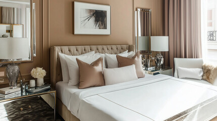 Brown Bedroom Design Interior. Bed with Pillows. Comfortable Apartment. Beautiful Decoration 