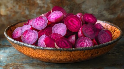 A bowl of purple beets is on a table