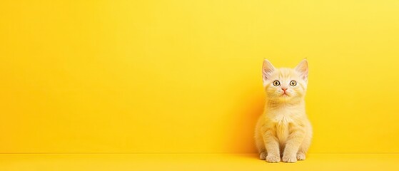 Fototapeta premium A cute yellow cat sitting against a vibrant yellow background, embodying playfulness and charm in a simple yet striking composition.