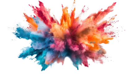 Colorful powder exploding creating a vibrant cloud on transparent background