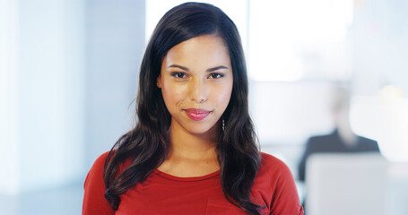 Portrait, creative and business woman in office for marketing, ads and brand strategist. Face,...