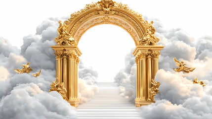Naklejka premium 3d golden baroque arch with stairs leading to heaven on a white background with clouds. Heavenly Arch. Illustration