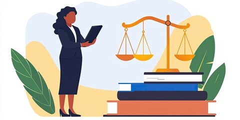 A professional woman stands with a tablet, next to legal books and a scale, symbolizing law, justice, and legal education.