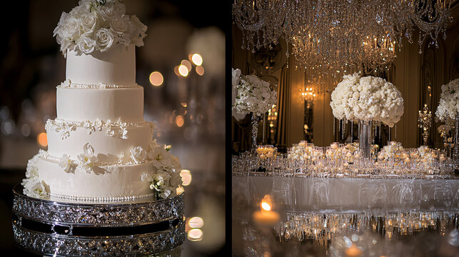 elegant white wedding cake and crystal decor in grand ballroom
