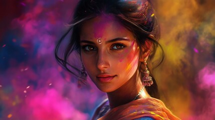 Portrait of a Young Woman Covered in Vibrant Holi Powder