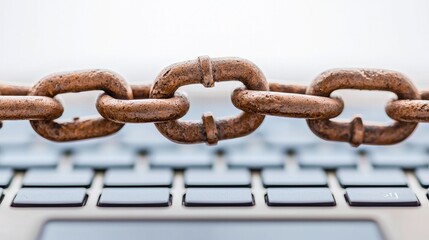 Fototapeta premium A rusty chain lies across a laptop keyboard, symbolizing security, connection, and the intersection of technology and strength.