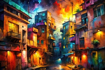 Fototapeta premium An abstract watercolor painting evokes the city's layered complexity, a vibrant interplay of urban forms.