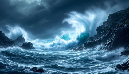 Dramatic Ocean Waves Crashing Against Rocky Coastline During Storm