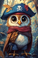 Cute cartoon owl wearing pirate costume in forest