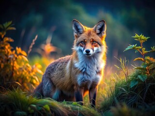 Fototapeta premium A vulpes vulpes, a shadow in the night, hunts the deserted meadow's gloom.