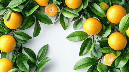 Fresh oranges, green leaves, white background; food, healthy eating