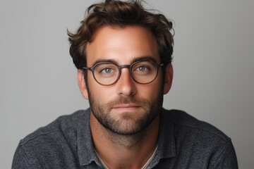 Portrait of confident businessman wearing eyeglasses posing on gray background