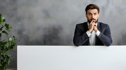 Pensive businessman posing behind blank white sign