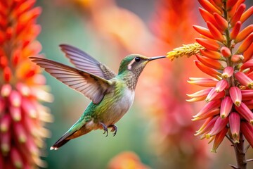 Naklejka premium Close-up: Anna's hummingbird, a minimalist study in wildlife photography, feeding on aloe.