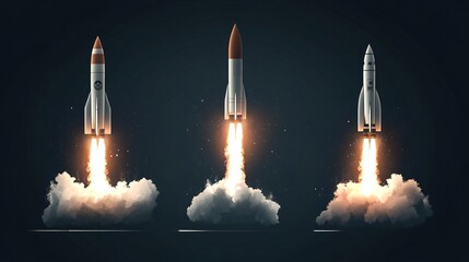 Rocket Startup Launch with Smoke in Flat Vector Illustration