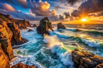 Obraz premium Coastal sea stacks rise against crashing waves, showcasing rugged cliffs and abundant tide pools.