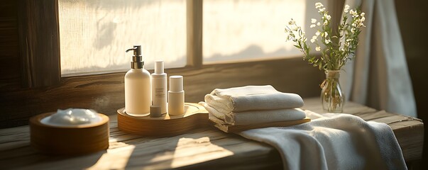 A skincare routine setup with natural textures like wood and linen in soft sunlight