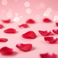 Rose Petals on Pink: Delicate red rose petals artfully arranged on a soft pink background, creating a romantic and elegant scene with bokeh lights. Perfect for Valentine's Day, wedding invitations.