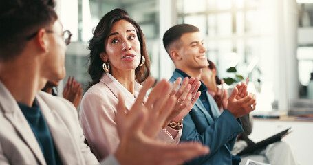 Business people, audience and woman for applause in office, workshop and accountants training at company. Group, men and manager with clapping for support, celebrate and happiness for meeting success