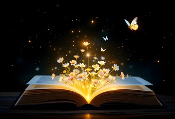 Naklejka premium Magical Flowers Emerge from an Open Book at Night