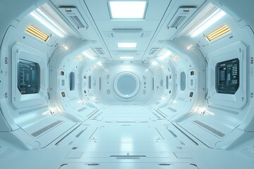 Obraz premium White, empty sci - fi space with light gray, silver tones, circuit board lines and symmetrical composition as futuristic tech background