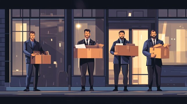 Supporting Unemployed Businessmen: Team Holding Boxes for Job Seeker