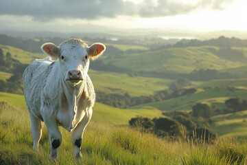 White cow standing in a green pasture overlooking rolling hills