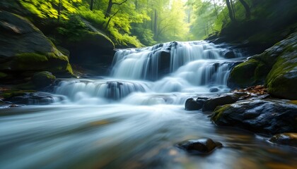 Serene Waterfall Cascading Through Lush Green Forest