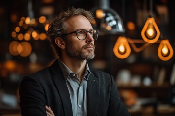 Pensive businessman with eyeglasses looking up in a restaurant