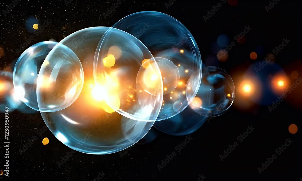 Aufkleber glowing orbs float in dark space; cosmic background