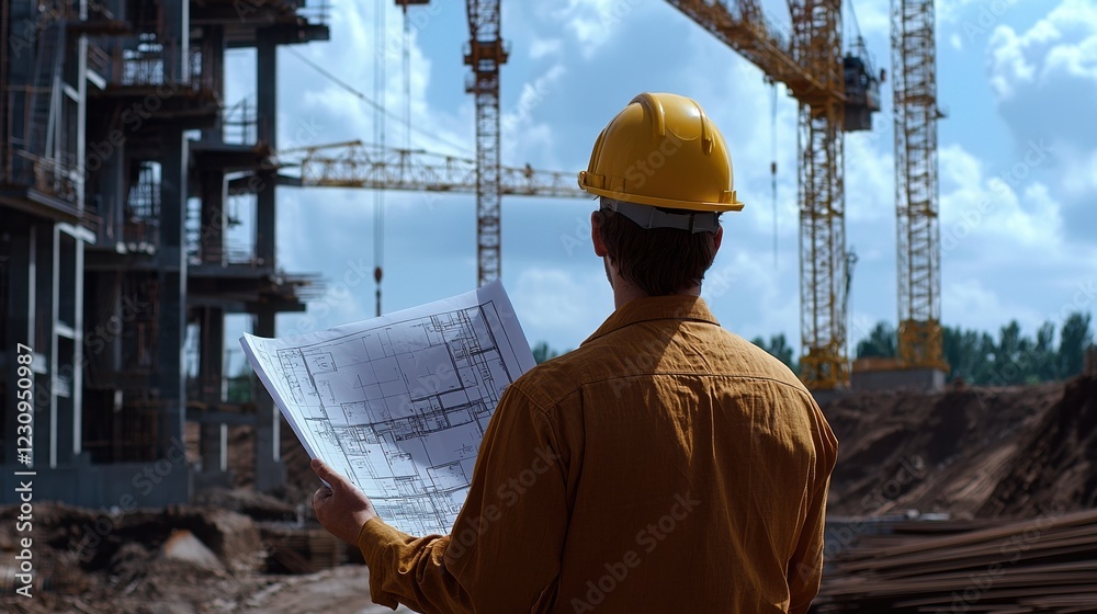 Aufkleber back view of an engineer holding blueprints at a construction site with cranes in the background