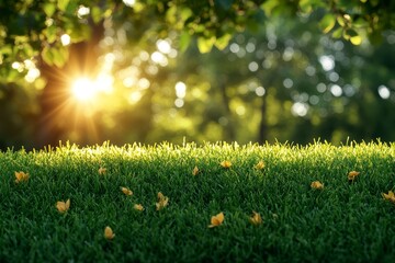 Fototapeta premium Close - up of Beautiful Green Grass in Garden with Blurred Tree, Sky and Setting Sun Rays Background