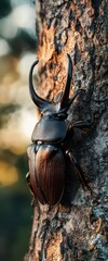 Rhinoceros beetle on tree bark, forest background, nature photography