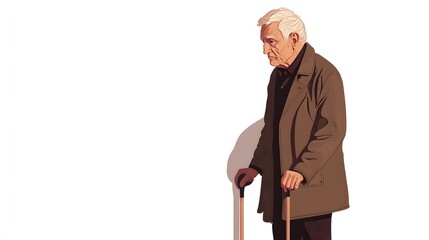 Elderly Man Standing With Walking Stick Outdoors