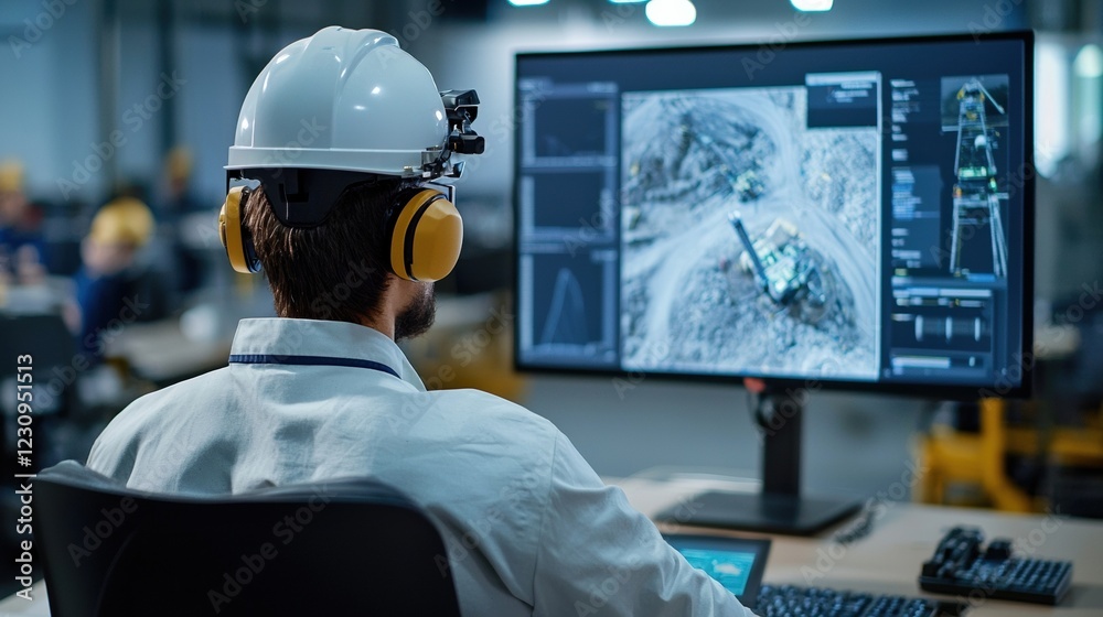 Fototapete back view of an engineer monitoring a remote-controlled drilling operation in a mine