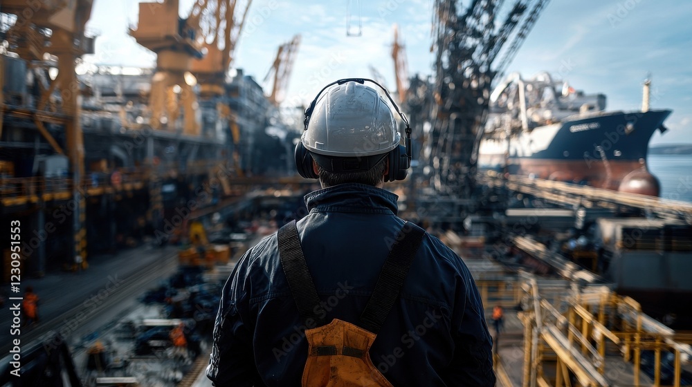 Poster Back view of an engineer monitoring the alignment of ship cranes at a shipyard