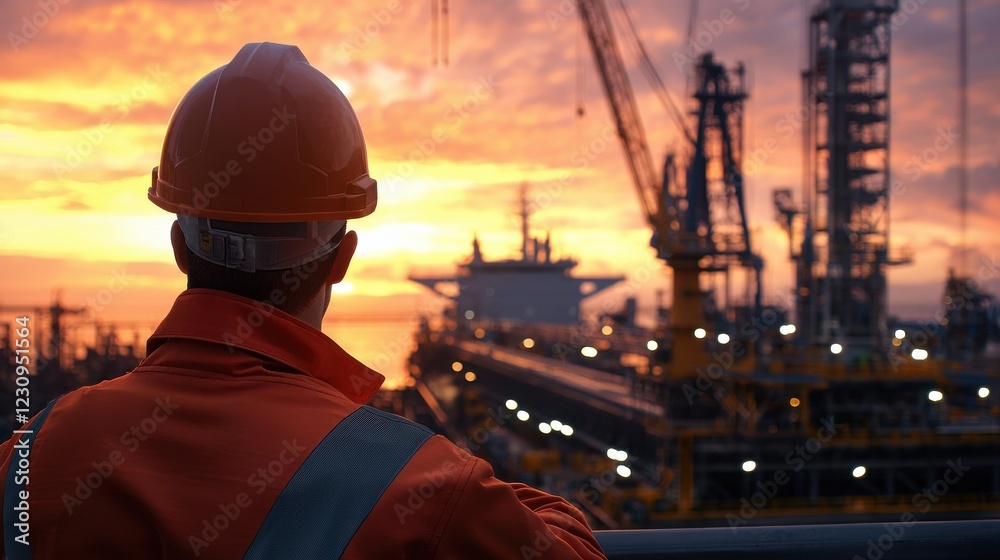 Poster Back view of an engineer monitoring the alignment of ship cranes at a shipyard
