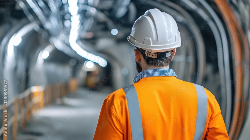 Poster Back view of an engineer inspecting structural supports in an underground mining shaft