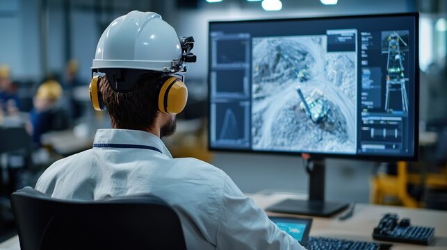 Back view of an engineer monitoring a remote-controlled drilling operation in a mine