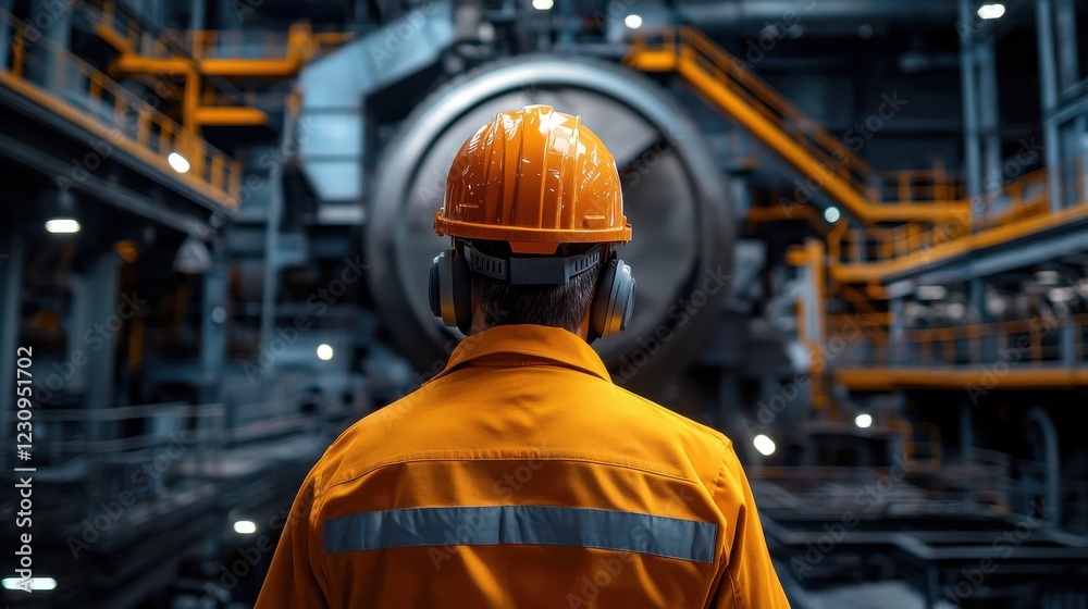 Poster Back view of an engineer monitoring the progress of an automated rock crusher in a mining facility